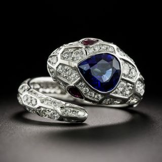 Estate Sapphire, Diamond and Ruby Snake Ring - GIA - 2