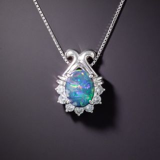 Estate Small Black Opal and Diamond Pendant - 3