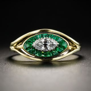Estate Small Marquise Diamond and Emerald Halo Ring - 1