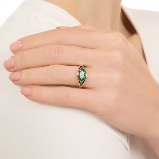 Estate Small Marquise Diamond and Emerald Halo Ring