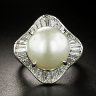 Estate South Sea Pearl and Baguette Diamond Ballerina Ring - 3