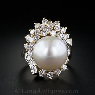 Estate South Sea Pearl and Diamond Ring