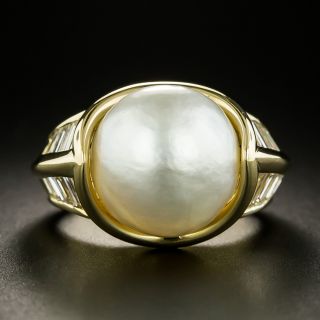 Estate South Sea Pearl Baguette Diamond 18K Ring - 3
