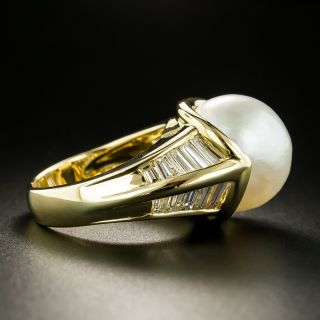 Estate South Sea Pearl Baguette Diamond 18K Ring