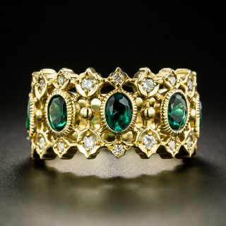 Estate Synthetic Emerald and Diamond Band Ring - 1