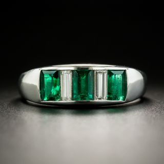Estate Three-Stone Emerald and Diamond Band Ring - 1