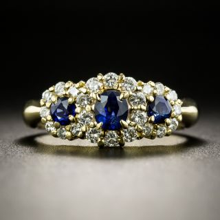 Estate Three-Stone Sapphire and Diamond Halo Ring - 2