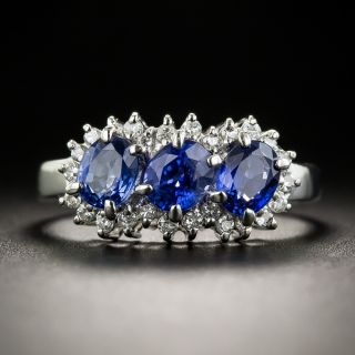 Estate Three-Stone Sapphire Platinum Diamond Ring - 1