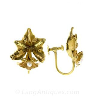 Estate Tri-Color Gold Floral Earrings with Pearls