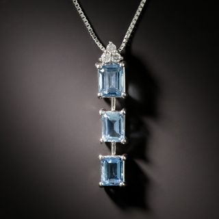 Estate Triple Aquamarine and Diamond Pendant - 3