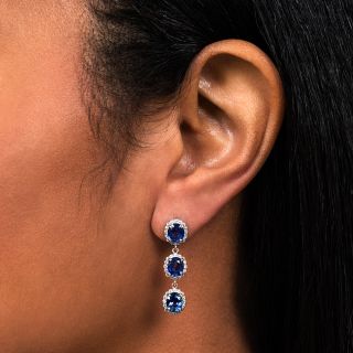 Estate Triple Sapphire with Diamond Halo Drop Earrings