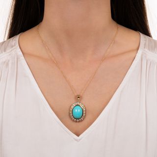 Estate Turquoise and Diamond Halo Pendant and Earrings Set