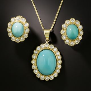 Estate Turquoise and Diamond Halo Pendant and Earrings Set - 1