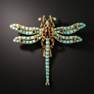 Estate Turquoise and Garnet Dragonfly Brooch - 2