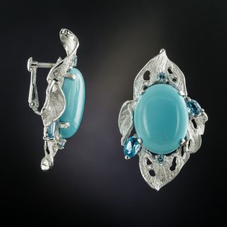 Estate Turquoise & Blue Topaz Clip Earrings - 1