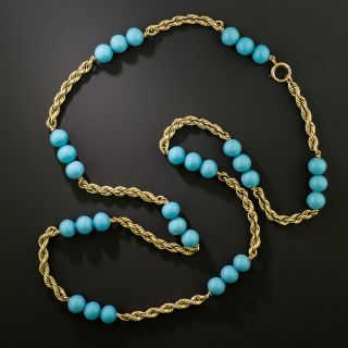 Estate Turquoise Glass Bead Rope Chain Necklace - 3