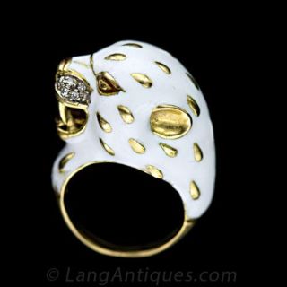 Estate White Enamel Leopard Ring