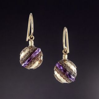 Etruscan Revival Amethyst Rondelle Dangle Earrings - 1