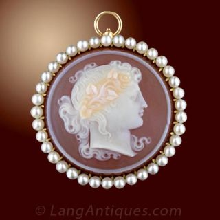 Exquisite Carnelian and Natural Pearl Framed Cameo