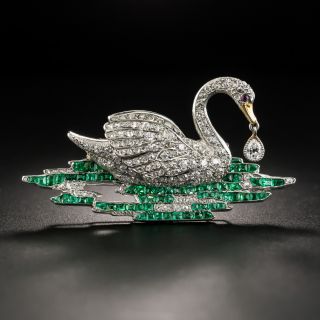 Exquisite Early Art Deco Diamond and Emerald Swan Brooch - 2