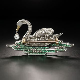 Exquisite Early Art Deco Diamond and Emerald Swan Brooch