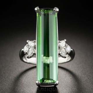 Extra Long Green Tourmaline Platinum and Diamond Ring