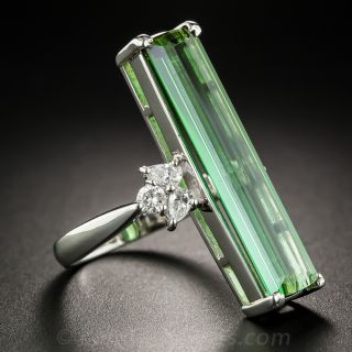 Extra Long Green Tourmaline Platinum and Diamond Ring