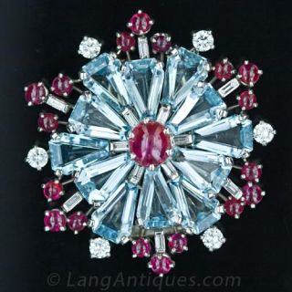 Fabulous Retro Aqua and Ruby Snowflake Pin Main View