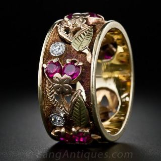 Fancy Four-Color Gold, Diamond and Ruby Band