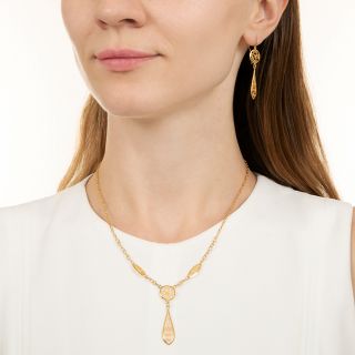 Filigree 18K Gold Necklace and Earring Set, Circa 1900