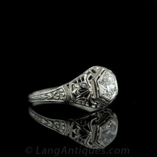 Filigree Diamond Solitaire in 18 Karat White Gold