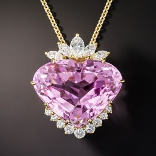 Fine 62.27 Carat Heart Shape Kunzite and Diamond Pendant - 1