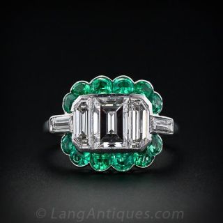 Fine Art Deco Emerald Cut Diamond Diamond and Emerald Ring