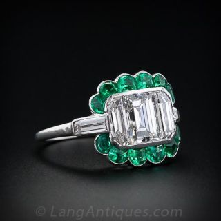 Fine Art Deco Emerald Cut Diamond Diamond and Emerald Ring