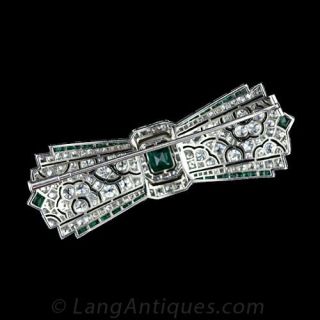 Fine French Art Deco Diamond and Emerald Bow Brooch