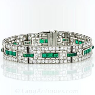 Fine Original Art Deco Emerald and Diamond Bracelet