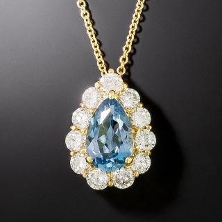 Fine Pear Shaped Aquamarine and Diamond Halo Pendant - 3