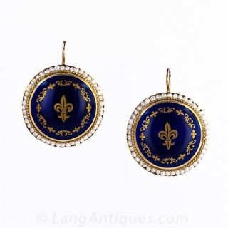 Fleur de Lys Enamel and Seed Pearl Earrings