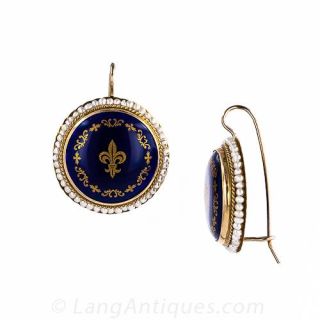 Fleur de Lys Enamel and Seed Pearl Earrings