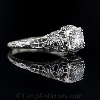Foliate Motif Diamond Filigree Engagement Ring