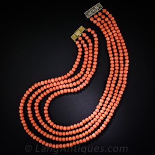 Four Strand Coral Necklace with Sterling Silver Clasp