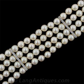 Four Strand Cultured Pearl Bracelet with Antique Style Diamond Clasp