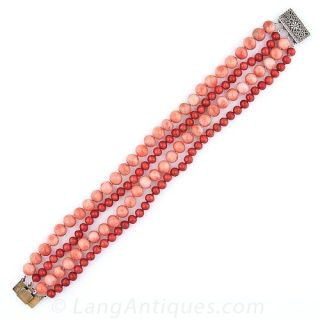 Four Strand Pink and Orange Coral Bracelet