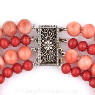 Four Strand Pink and Orange Coral Bracelet