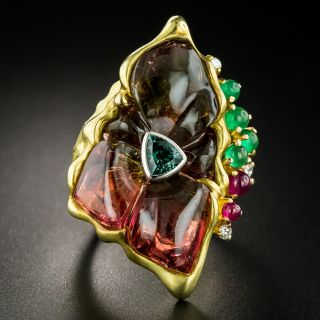 Free-Form Watermelon Tourmaline, Ruby, Emerald, and Diamond Ring - 2