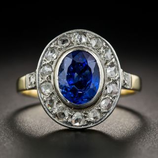 French 1.40 Carat No-Heat Sapphire and Rose-Cut Diamond Halo Ring 