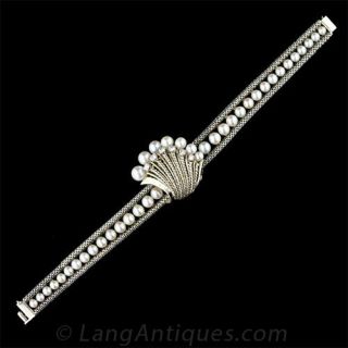 French 18K White Gold Cultured Pearl Watch