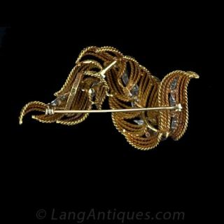 French 1950's Textural Ribbon-Motif Brooch