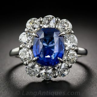 French 3.51 Natural No-Heat Sapphire and Diamond Vintage Ring