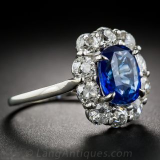 French 3.51 Natural No-Heat Sapphire and Diamond Vintage Ring